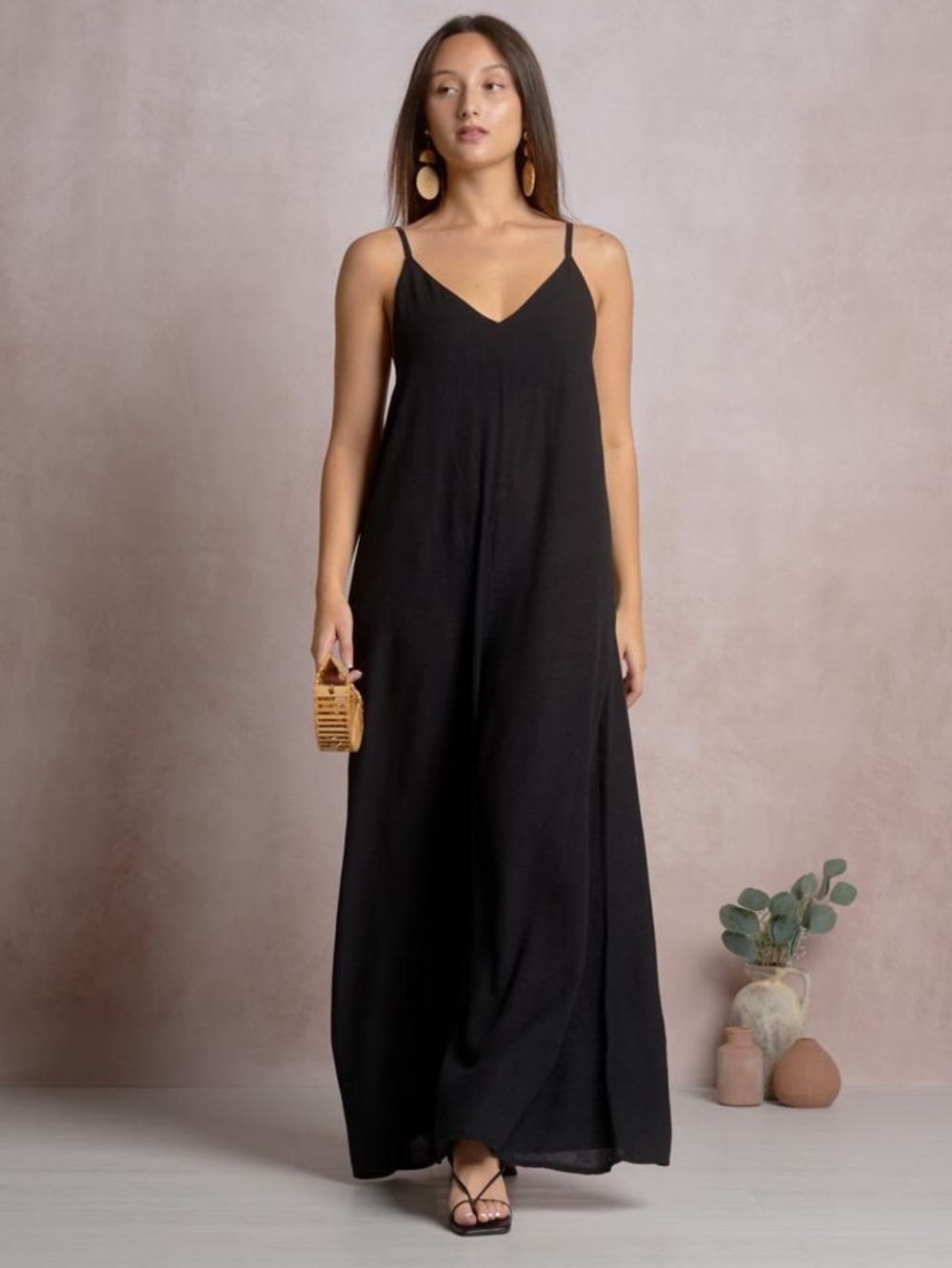 Elan Jumpsuit Elegant Black Maxi Style - size Medium